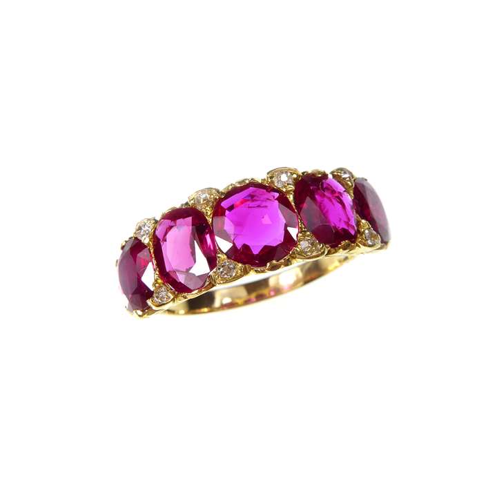 Antique five stone ruby ring, the graduated Burma rubies of cushion and rounded facetted cut